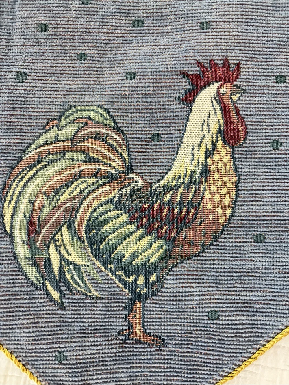 Vintage Rooster Print Window Valance in Denim Blue with Gold Tassels